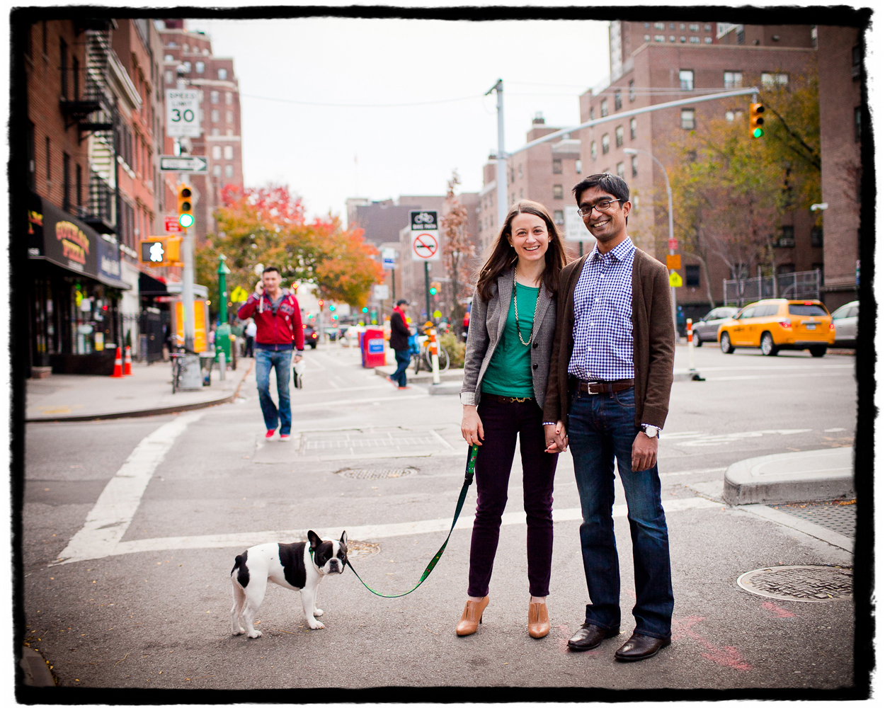 Engagement Portrait: Katie & Sharmilan take their sweet puppy, Wilbur, for a walk around their neighborhood in Chelsea.