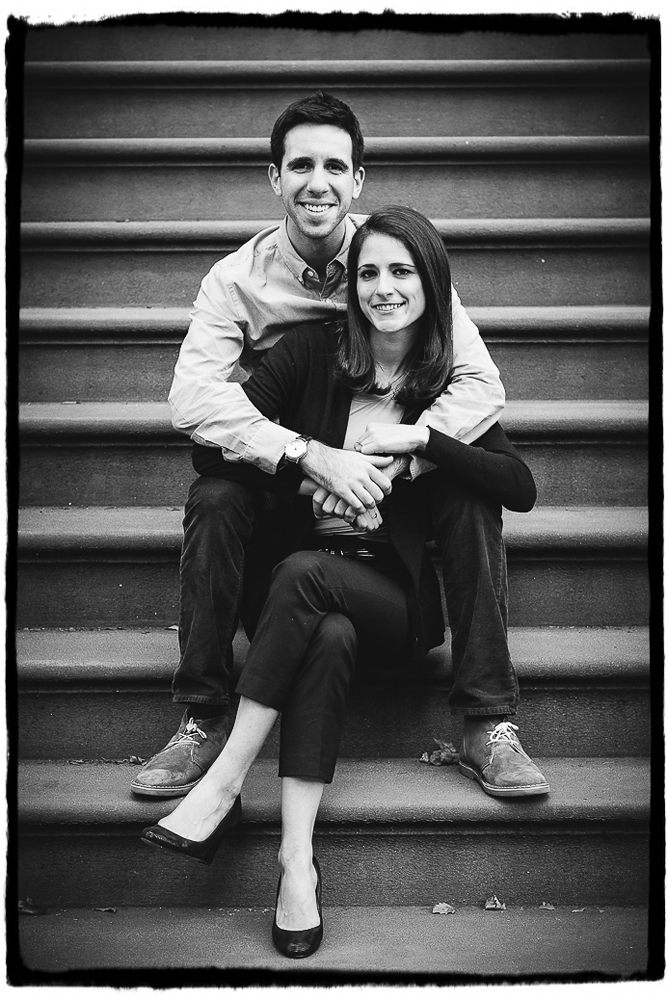 Engagement Portrait: Emily & Adam relax on a brownstone stoop in Fort Greene, Brooklyn.