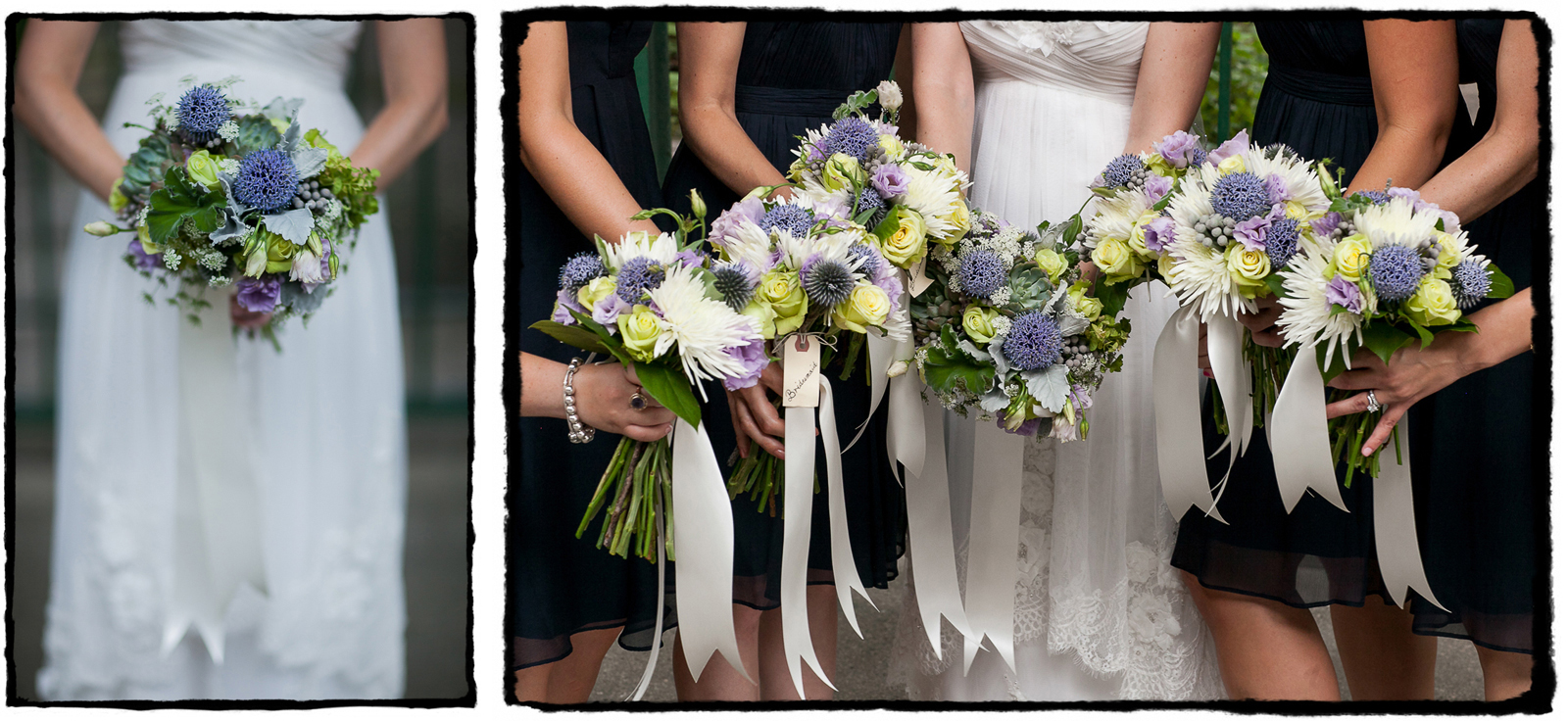 Lauren and her bridesmaids carried bouquets with purple and white flowers for her wedding at Liberty House in Jersey City.