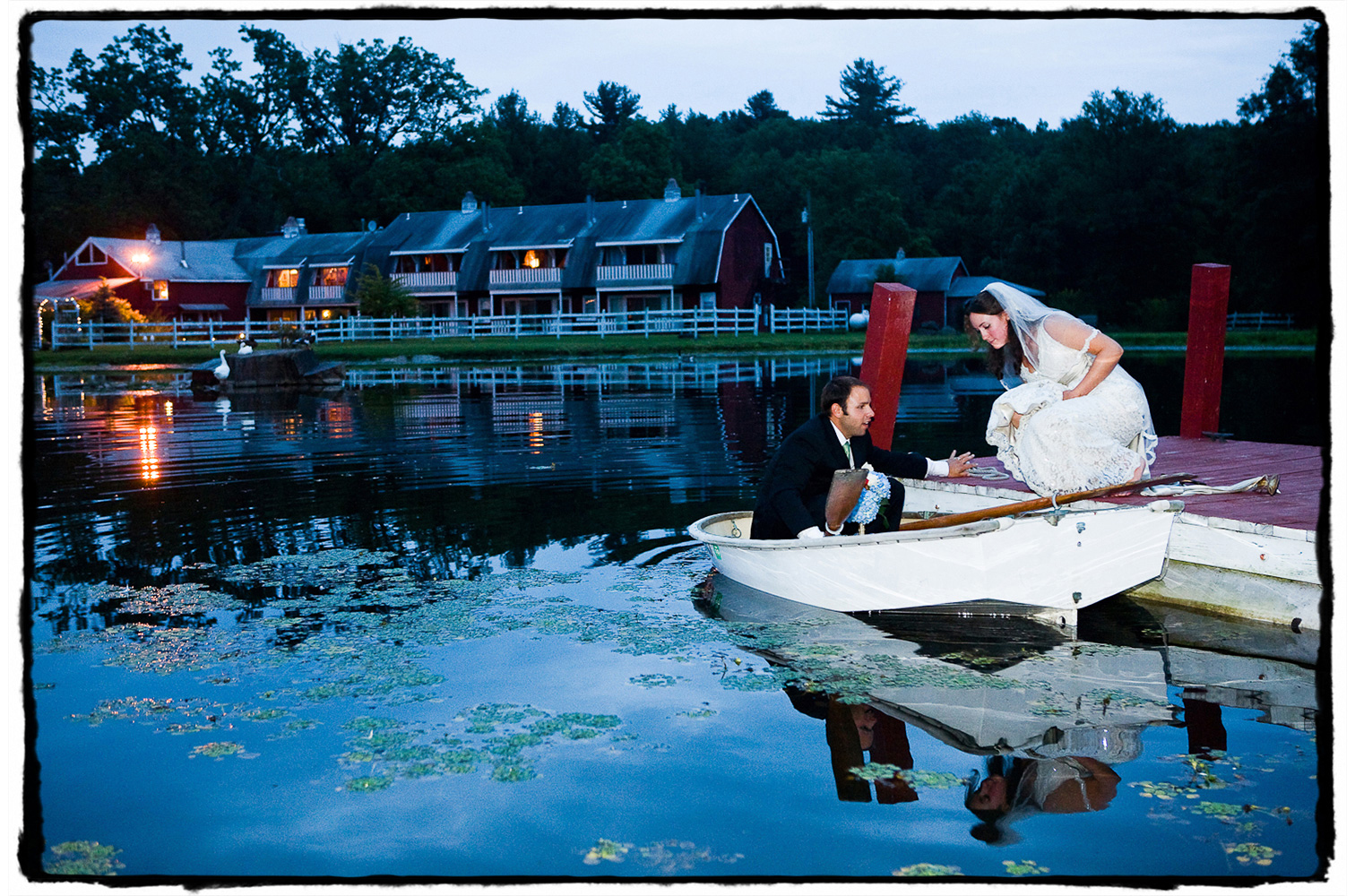 Alicia and Brian were living aboard their sailboat, Sarabande, in New Jersey leading up to the wedding.  Their plan?  To sail around the world after tying the knot.  They brought their ship's dingy to row across the pond at The Kaaterskill between the ceremony and reception!  They have been sailing abroad ever since!