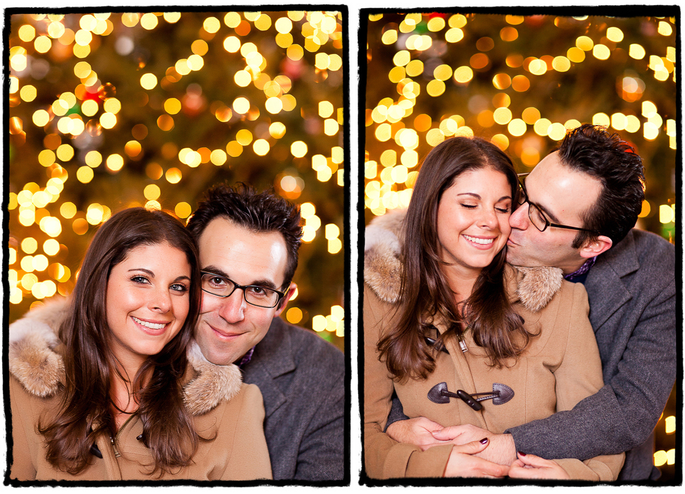 Engagement Portrait: Jessica & Ross in front of some twinkly lights in DUMBO during a wintry shoot.