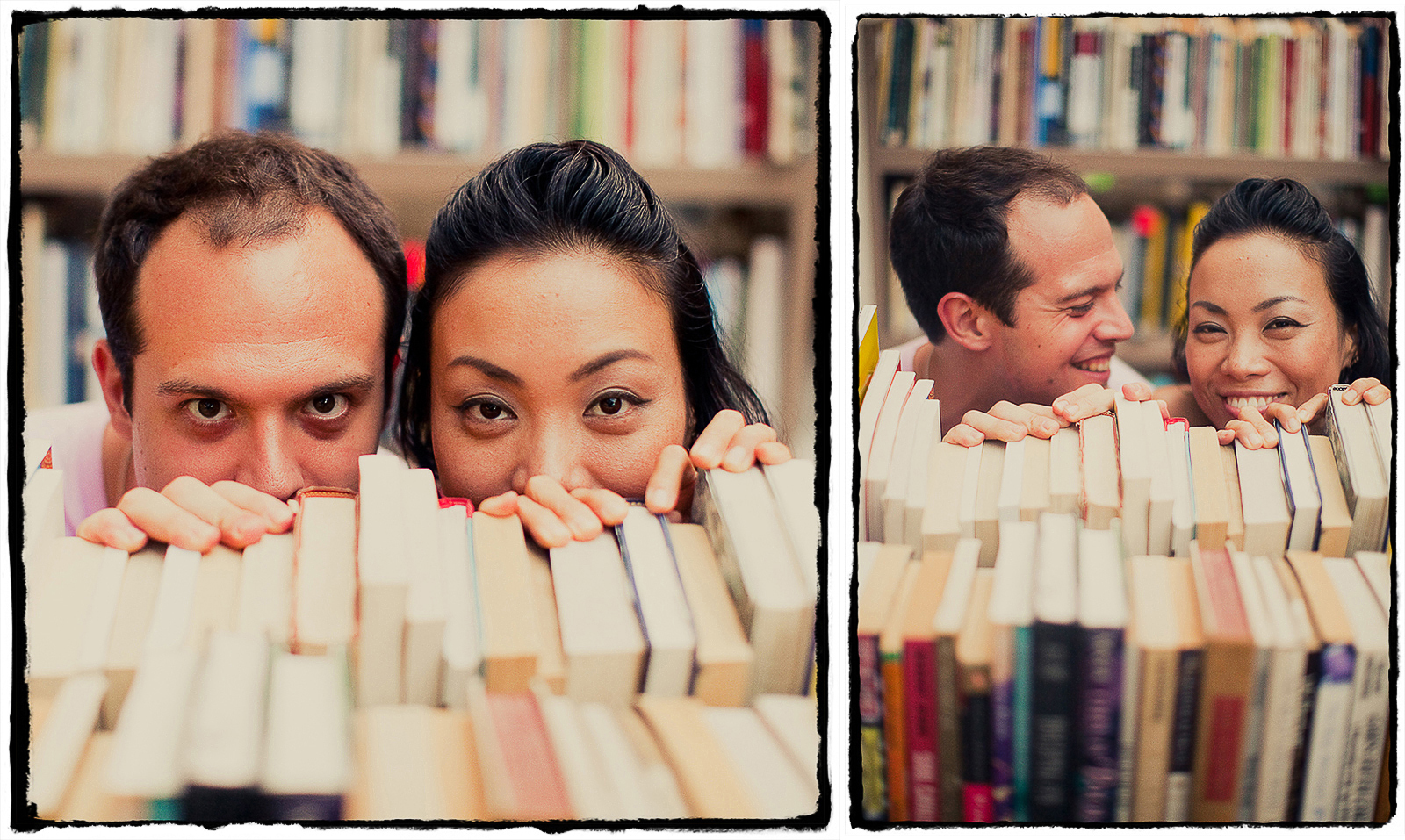 Engagement Portraits: Bajir & Maki goof around with a shelf of books for sale in Williamsburg, Brooklyn.