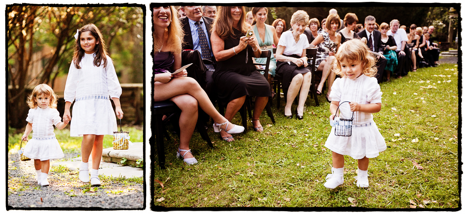 Charming white vintage flowergirl dresses complemented this DIY outdoor wedding.