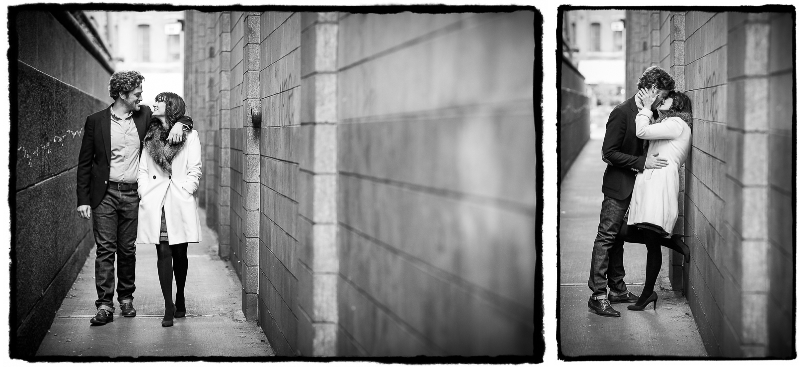 Engagement Portrait: Alli & Parker stroll through a narrow hidden alley in DUMBO, Brooklyn.
