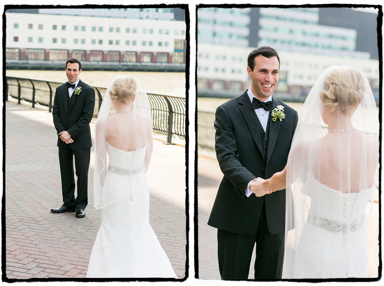 Josh greets his bride by the water at The Hyatt in Jersey City.