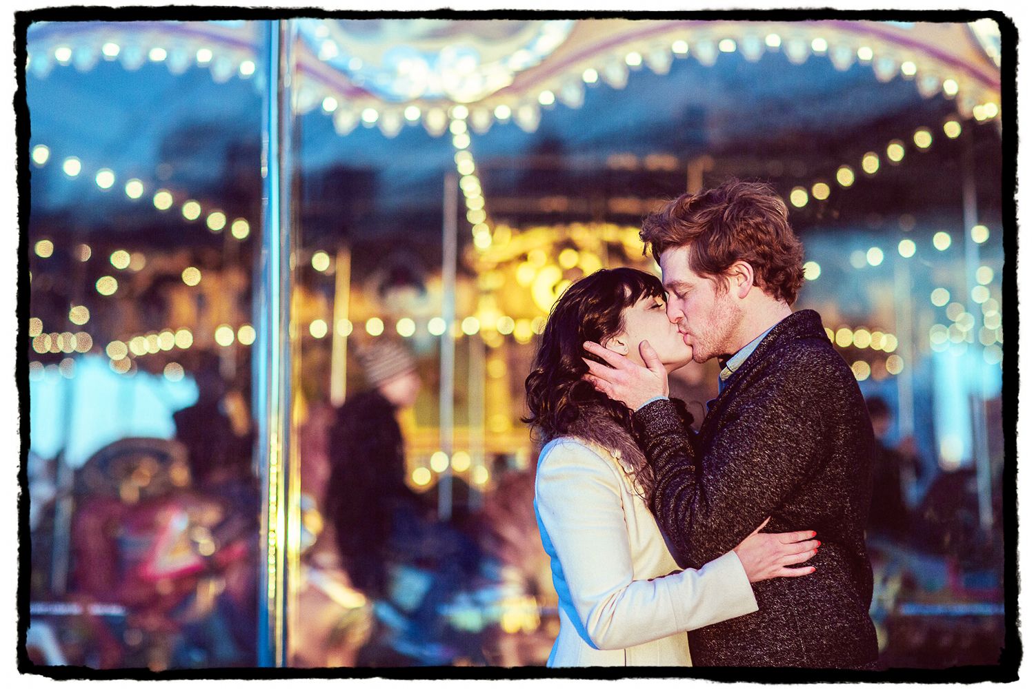 Engagement Portraits: Alli & Parker in front of the carousel at Brooklyn Bridge Park.