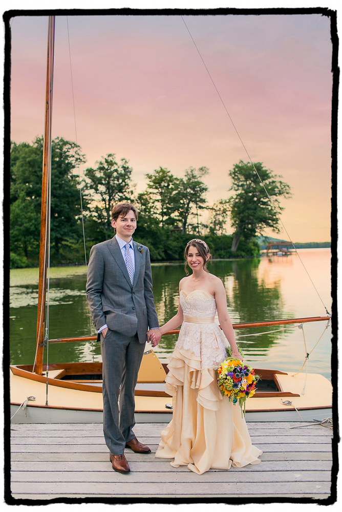 I saw that the sailboat's dek was the same yellow as the bride's silk gown and I knew I had to photograph them with the lake at sunset.