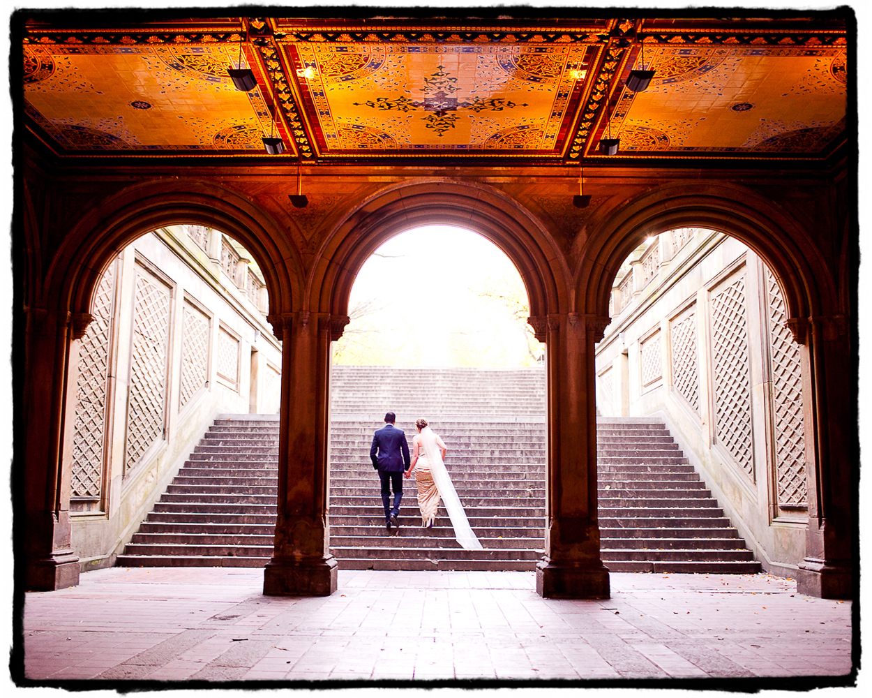 The staircase between the Bethesda Fountain and the Mall at Central Park is a beautiful and iconic spot for a wedding portrait.  I got super lucky with the timing of this mid-afternoon wedding and there was nobody else around when we took this shot.