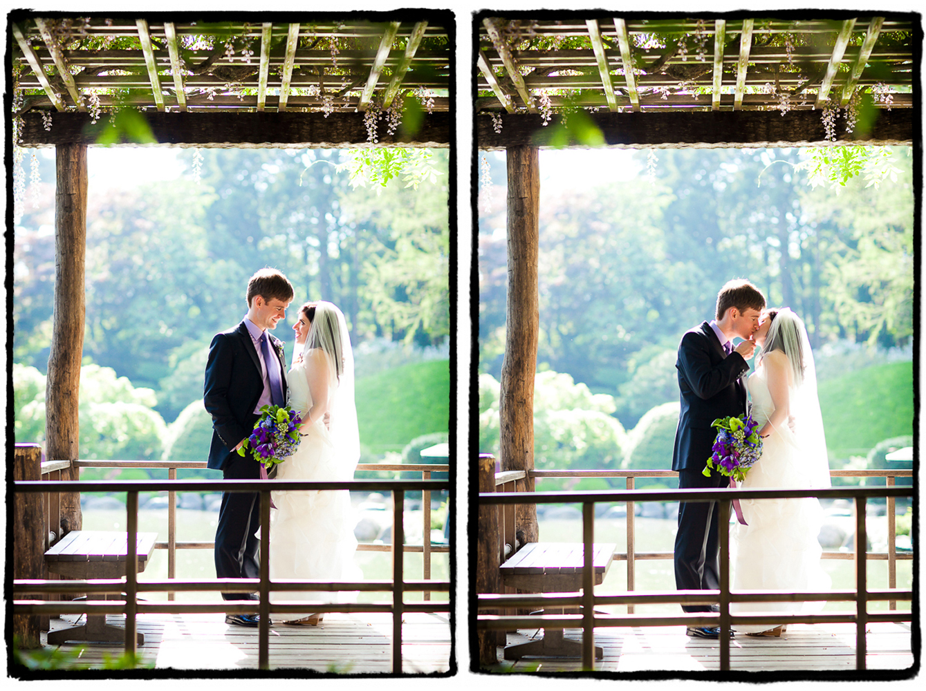 Deena & Joe share a kiss under a pergola at Brooklyn Botanic Garden before heading to the Palm House to celebrate at their reception.